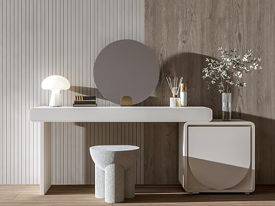 White Dressing Table with Round Mirror Table Lamp and Flower Vase on Wooden Wall Background 3d model