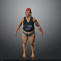Man Wearing Red Hat Green Tank Top With American Flag Design Blue Shorts Gray Background