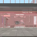 Pink Dessert Shop Interior With Display Cases Spiral Staircase Shelves Counter And Lighting