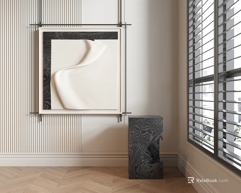 Abstract Painting Artwork Hanging On Striped Wall With Wooden Herringbone Floor And Window Blinds 3d model 