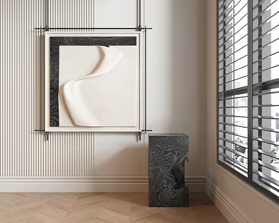 Abstract Painting Artwork Hanging On Striped Wall With Wooden Herringbone Floor And Window Blinds 3d model