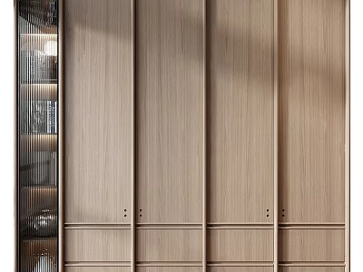 Modern Wooden Wardrobe Design with Sliding Doors and Storage Compartments 3d model