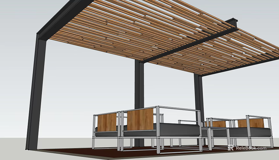 Modern Pergola With Wooden Slatted Roof And Black Metal Support Posts Outdoor Seating Area 3d model 