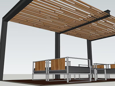 Modern Pergola With Wooden Slatted Roof And Black Metal Support Posts Outdoor Seating Area 3d model