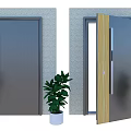 Gray Front Door With Wooden Trim Metal Handle Closed Half Open And Frame