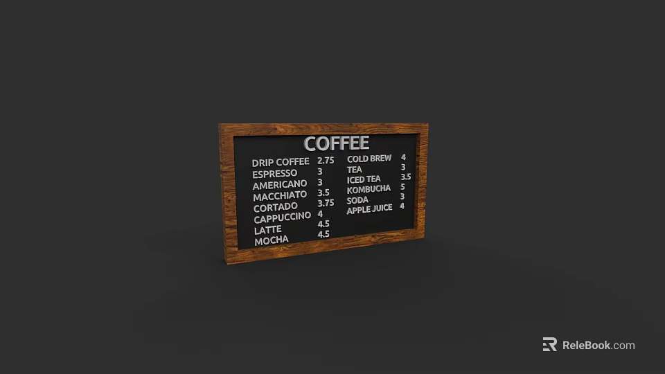 Cafe Coffee Menu Board Featuring Drip Espresso Cold Brew And Iced Tea Price List 3d model 