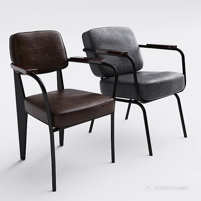 Two Stylish Leather Chairs With Brown And Gray Upholstery Black Metal Frames And Armrests 3d model 
