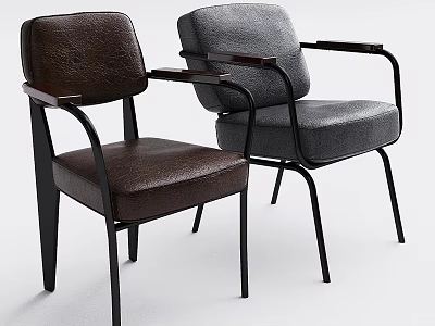 Two Stylish Leather Chairs With Brown And Gray Upholstery Black Metal Frames And Armrests 3d model
