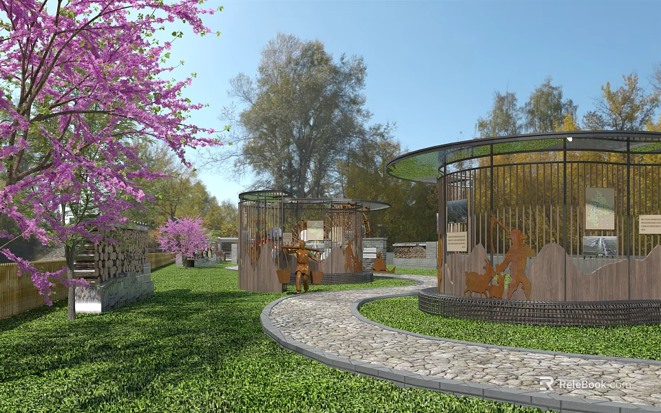 Park Landscape With Pink Flowering Trees Green Grass Stone Pathway And Wooden Pavilions 3d model 