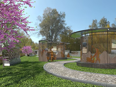 Park Landscape With Pink Flowering Trees Green Grass Stone Pathway And Wooden Pavilions 3d model