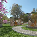 Park Landscape With Pink Flowering Trees Green Grass Stone Pathway And Wooden Pavilions