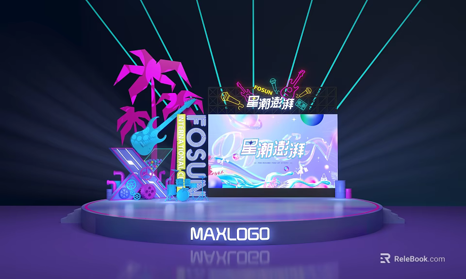 Vibrant Stage with Neon Lights Large Screen Palm Tree Decorations and Music Elements 3d model