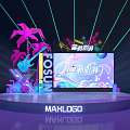 Vibrant Stage with Neon Lights Large Screen Palm Tree Decorations and Music Elements 3d model