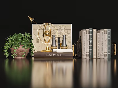 Elegant Decorative Ornament Set With Golden Globe Telescopes Green Plant Books And Map 3d model