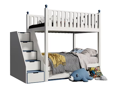Kids Bunk Bed with Staircase Drawers Cozy Bedding and Stuffed Toys for Bedroom 3d model