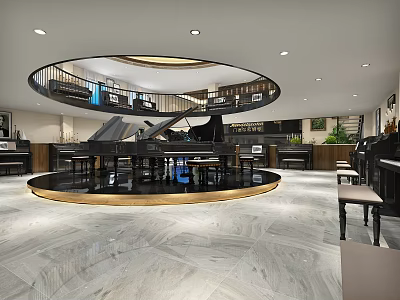 Elegant Piano Showroom With Circular Display Platform And Marble Floor 3d model