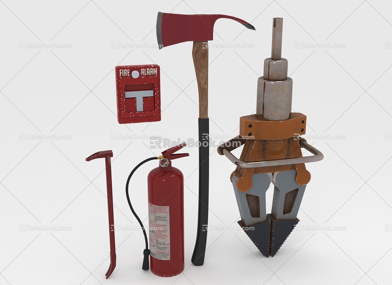 Fire fighting equipment fire extinguisher crowbar life-saving tong fire axe fire alarm bell 3d model