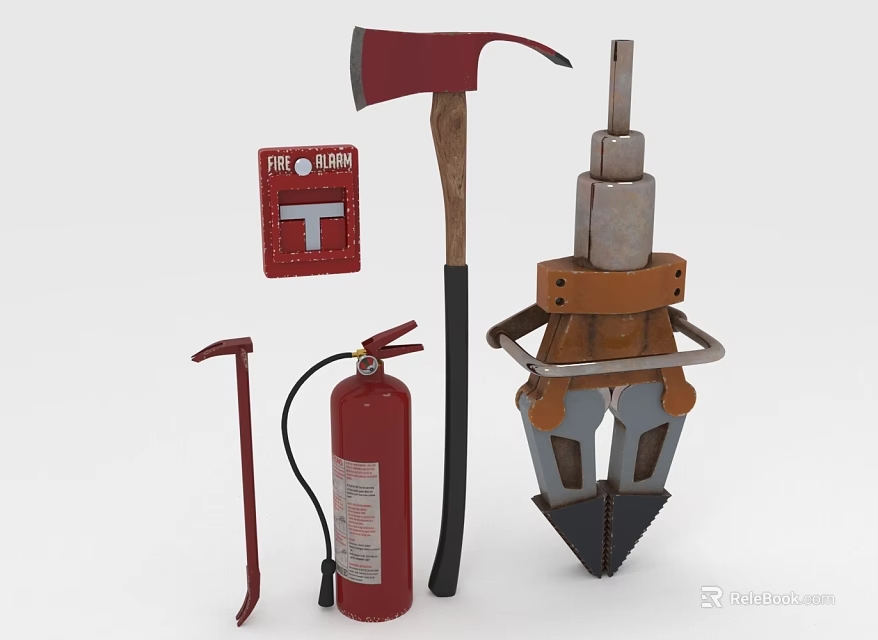 Key Firefighting Equipment Including Fire Extinguisher Fire Axe Pry Bar Rescue Tool and Alarm Box 3d model 