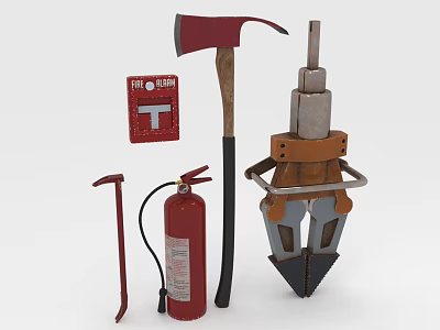 Key Firefighting Equipment Including Fire Extinguisher Fire Axe Pry Bar Rescue Tool and Alarm Box 3d model