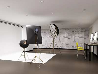 Photography Studio Setup With Tripods Reflectors Round Lights And Newspaper Backdrop 3d model