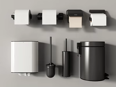 Modern Bathroom Accessories Including Toilet Paper Holders Toilet Brush And Trash Can 3d model