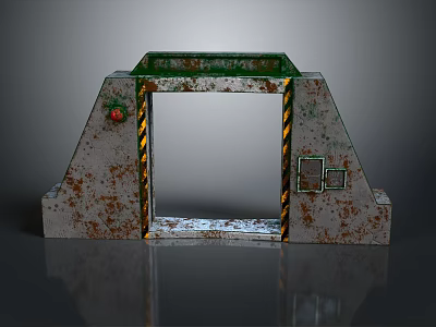 Rusty Metal And Concrete Gate With Green Top Yellow Black Stripes And Weathered Details 3d model