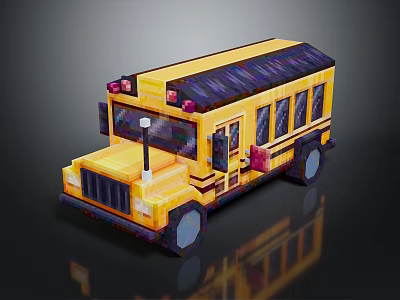 Cartoon Scene Pixelated Yellow School Bus With Black Windows And Wheels 3d model