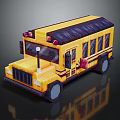 Cartoon Scene Pixelated Yellow School Bus With Black Windows And Wheels