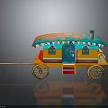Traditional Decorative Carriage Featuring Colorful Roof Tassels Yellow Body Blue Door And Wooden Spoked Wheels