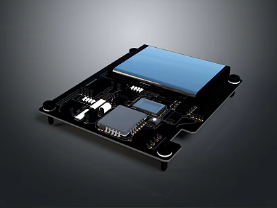 Computer Circuit Board Featuring Blue Component And Electronic Chips On Black Frame 3d model