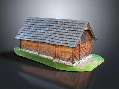 Traditional Wooden Cabin With Shingle Roof Wooden Walls Stone Foundation And Green Grass 3d model