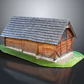 Traditional Wooden Cabin With Shingle Roof Wooden Walls Stone Foundation And Green Grass