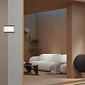 Modern Home Theater Room Featuring Beige Sofa Wooden Walls Floor Lamp And Green Plant