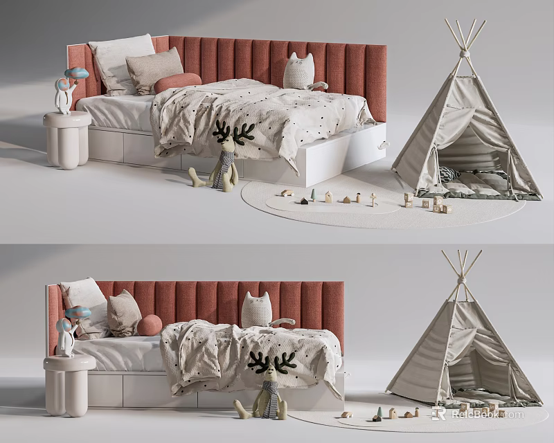 Kids Bed with Red Upholstered Headboard Deer Print Quilt Teepee Tent and Wooden Animal Toys 3d model 