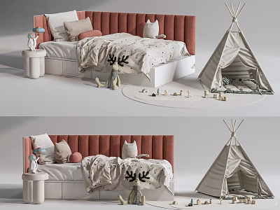 Kids Bed with Red Upholstered Headboard Deer Print Quilt Teepee Tent and Wooden Animal Toys 3d model