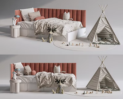 Kids Bed with Red Upholstered Headboard Deer Print Quilt Teepee Tent and Wooden Animal Toys 3d model