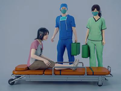 Medical Team In Blue Green Scrub Suits Assisting Patient On Stretcher With Green Medical Bags 3d model