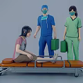 Medical Team In Blue Green Scrub Suits Assisting Patient On Stretcher With Green Medical Bags