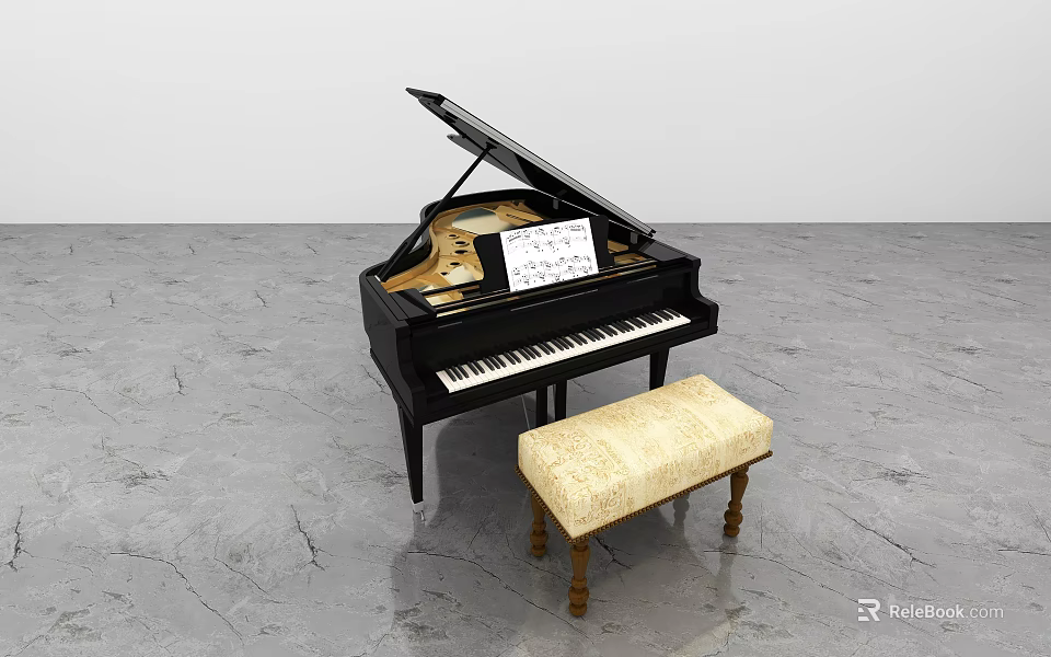 Black Grand Piano With Open Lid Sheet Music And Beige Bench In Studio Room 3d model 