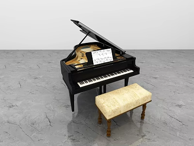 Black Grand Piano With Open Lid Sheet Music And Beige Bench In Studio Room 3d model