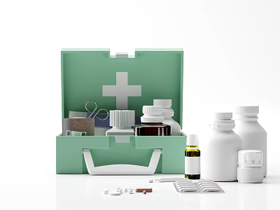 Green Medical First Aid Kit With White Cross Bottles Vials Tablets And Medical Supplies 3d model
