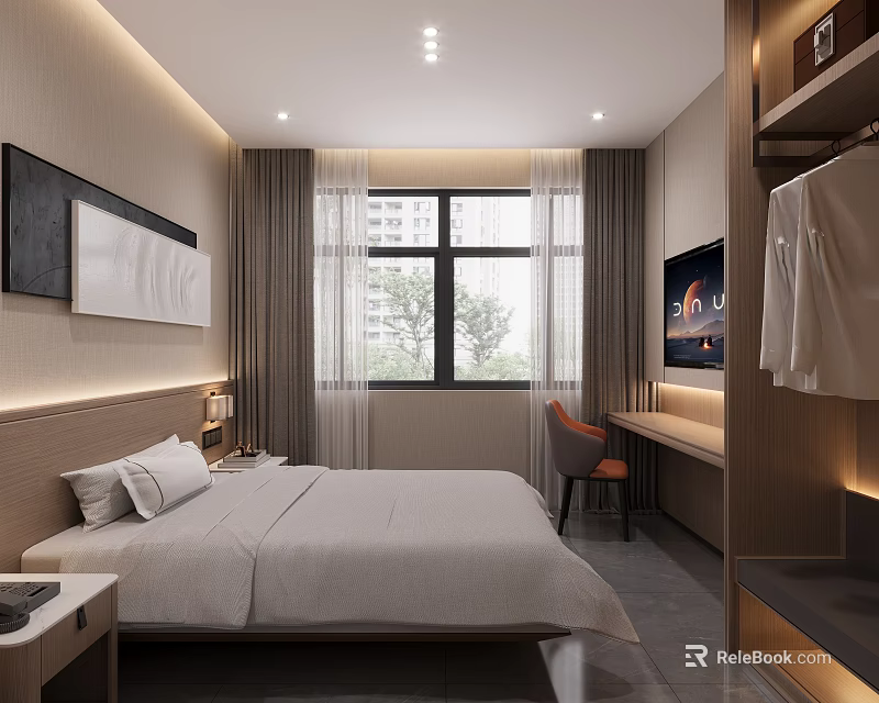 Modern Hotel Guest Room With King Bed White Bedding Wooden Accent Wall Desk And TV 3d model 