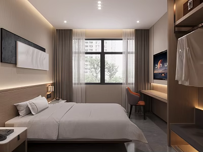 Modern Hotel Guest Room With King Bed White Bedding Wooden Accent Wall Desk And TV 3d model