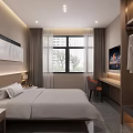 Modern Hotel Guest Room With King Bed White Bedding Wooden Accent Wall Desk And TV