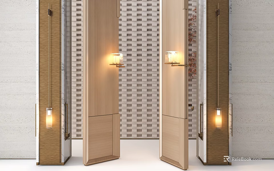 Illuminated Wall Lamps Mounted on Walls Beside Double Wooden Doors with Striped Brick Wall Background 3d model 