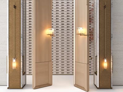 Illuminated Wall Lamps Mounted on Walls Beside Double Wooden Doors with Striped Brick Wall Background 3d model