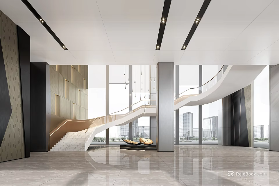 Modern Lobby Reception Desk With Staircase Large Windows And Marble Floor 3d model 