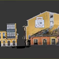 Cartoon Scenery With Yellow And Orange Buildings Street Windows And Signboard