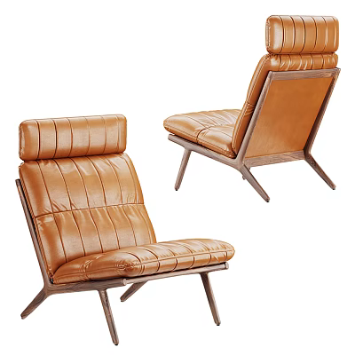 Modern Brown Leather Lounge Chair With Wooden Legs And Stitching Details 3d model