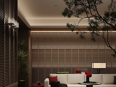 Hotel Public Lounge Area With Modern Design Wooden Screens Green Plants And Comfortable Sofa 3d model